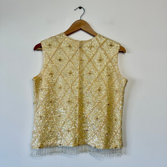Vintage Beaded Sequin Vest Top Yellow M Diamond Pattern Fringe Evening Party - Picture 2 of 7